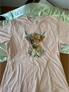 Bella+Canvas Pink T-Shirt with Floral Highland Cow Print, XL